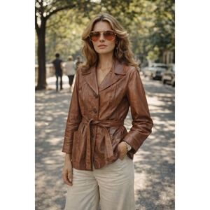 Vintage 1970s Wilsons Leather Belted Jacket Women's 12 Brown Blazer Coat